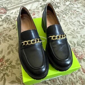Black Leather Loafers with Gold Chain
